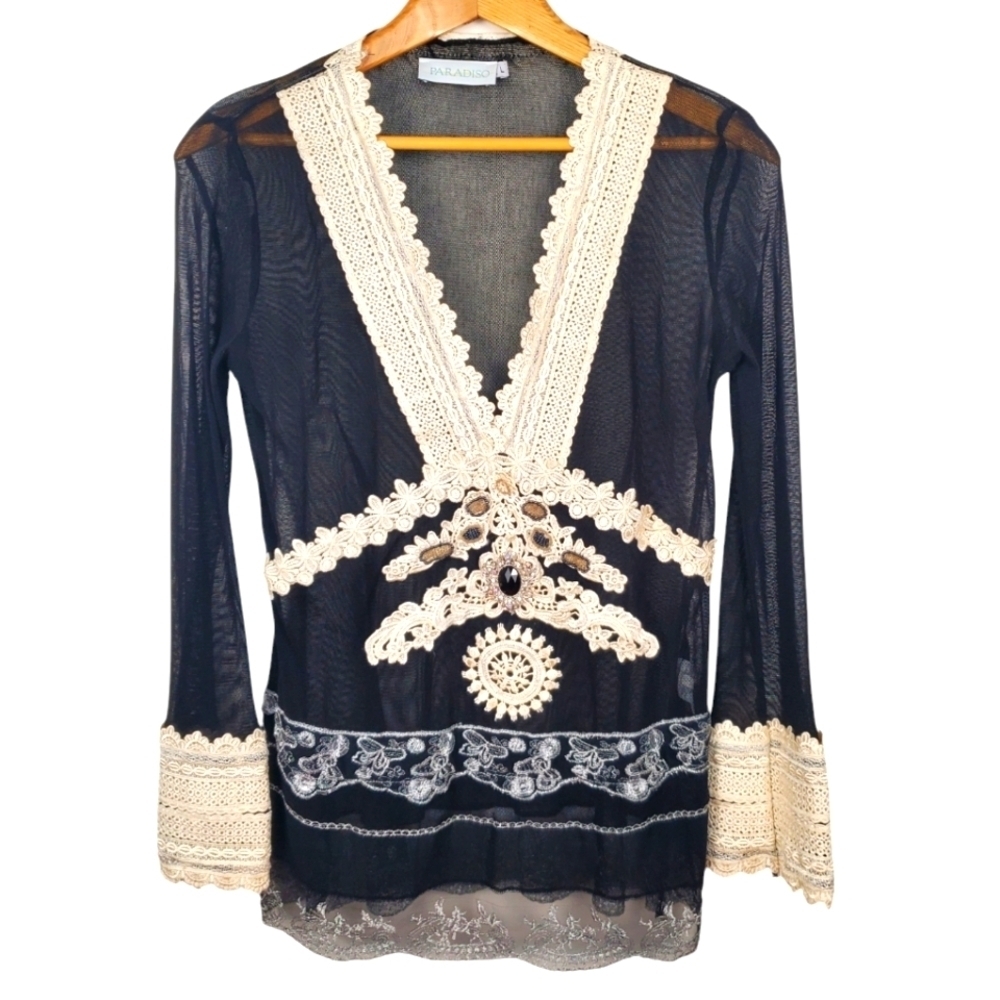 Paradiso Sheer Blouse. Black with lace and bead embellishments. LG. #298